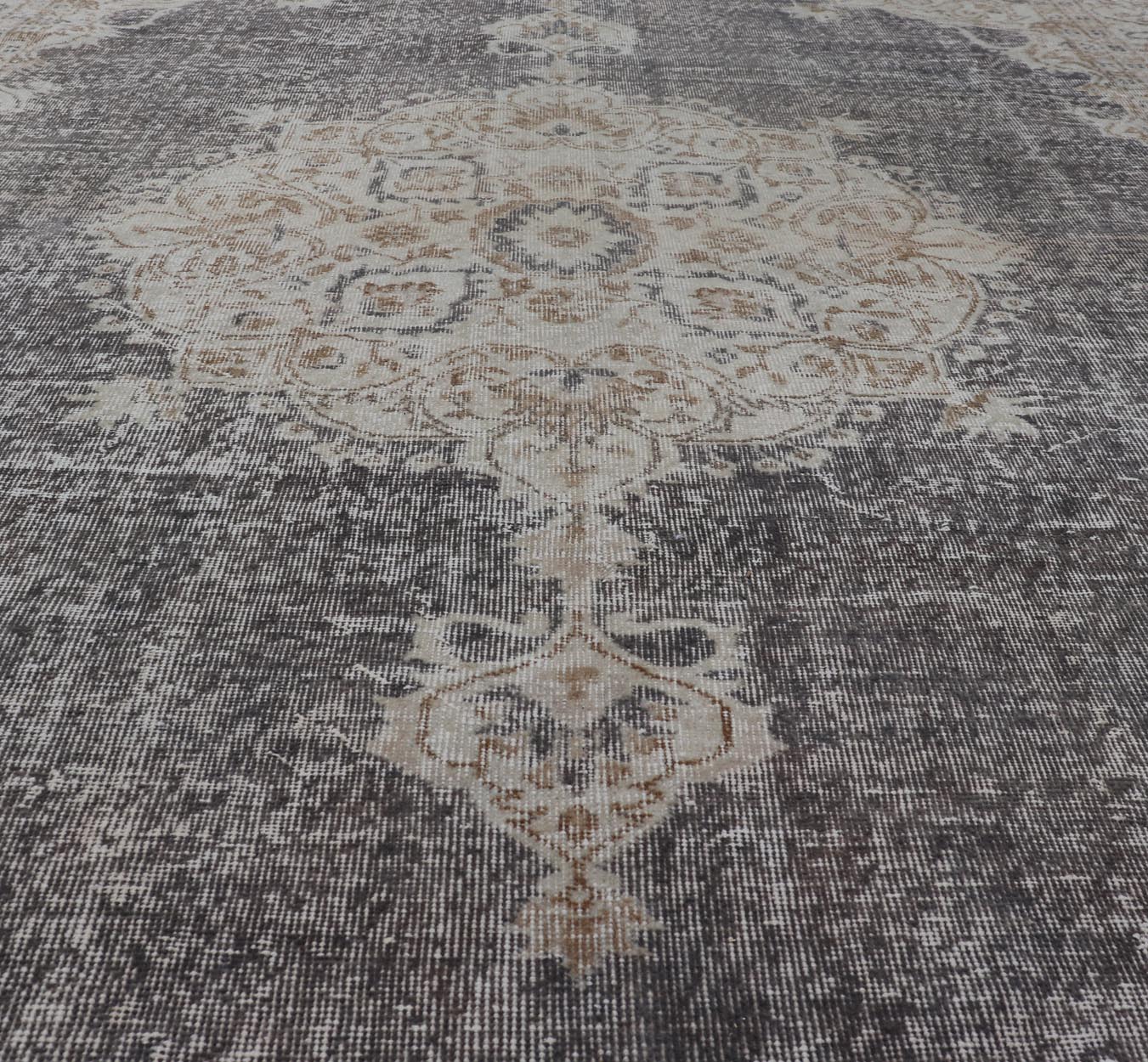Distressed Turkish Carpet with medallion Design in Dark Gray, Lt. Brown & Cream Distressed Turkish Vintage Carpet in Taupe, Dark Gray, brown, Tan and Cream Keivan Woven Arts rug/TU - MTU - 4972. Turkish distressed rug. Measures: 7'0 x 1... - Keivan Woven ArtsTU - MTU - 4972 - 19190Rug