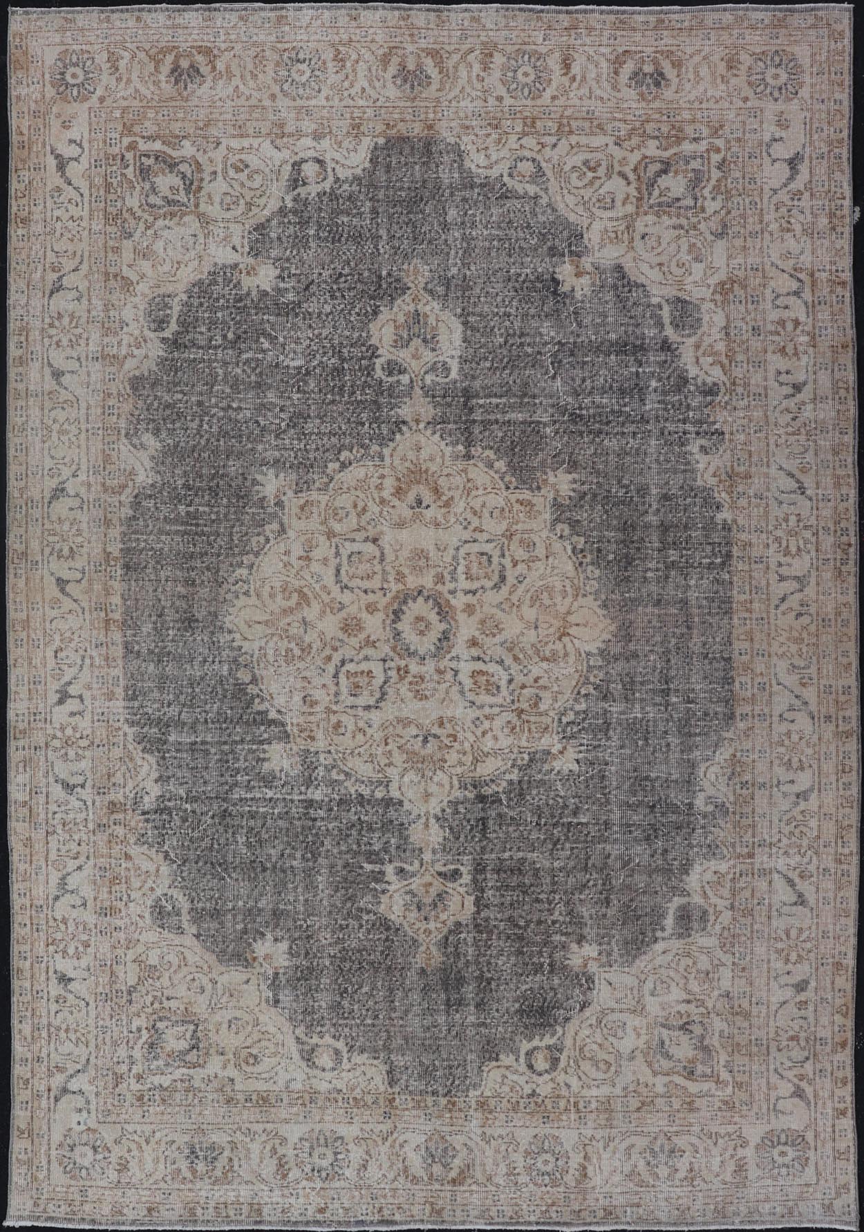 Distressed Turkish Carpet with medallion Design in Dark Gray, Lt. Brown & Cream Distressed Turkish Vintage Carpet in Taupe, Dark Gray, brown, Tan and Cream Keivan Woven Arts rug/TU - MTU - 4972. Turkish distressed rug. Measures: 7'0 x 1... - Keivan Woven ArtsTU - MTU - 4972 - 19190