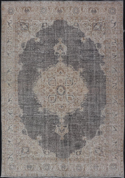 Distressed Turkish Carpet with medallion Design in Dark Gray, Lt. Brown & Cream Distressed Turkish Vintage Carpet in Taupe, Dark Gray, brown, Tan and Cream Keivan Woven Arts rug/TU - MTU - 4972. Turkish distressed rug. Measures: 7'0 x 1... - Keivan Woven ArtsTU - MTU - 4972 - 19190