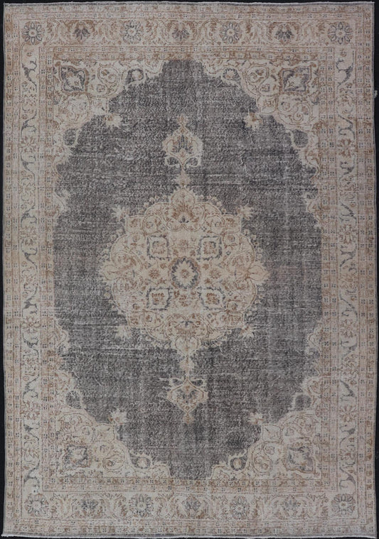 Distressed Turkish Carpet with medallion Design in Dark Gray, Lt. Brown & Cream Distressed Turkish Vintage Carpet in Taupe, Dark Gray, brown, Tan and Cream Keivan Woven Arts rug/TU - MTU - 4972. Turkish distressed rug. Measures: 7'0 x 1... - Keivan Woven ArtsTU - MTU - 4972 - 19190