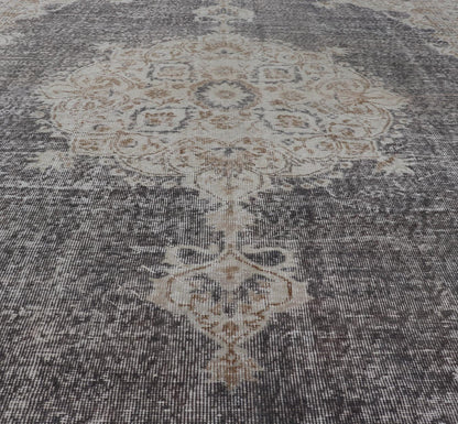 Distressed Turkish Carpet with medallion Design in Dark Gray, Lt. Brown & Cream Distressed Turkish Vintage Carpet in Taupe, Dark Gray, brown, Tan and Cream Keivan Woven Arts rug/TU - MTU - 4972. Turkish distressed rug. Measures: 7'0 x 1... - Keivan Woven ArtsTU - MTU - 4972 - 19190