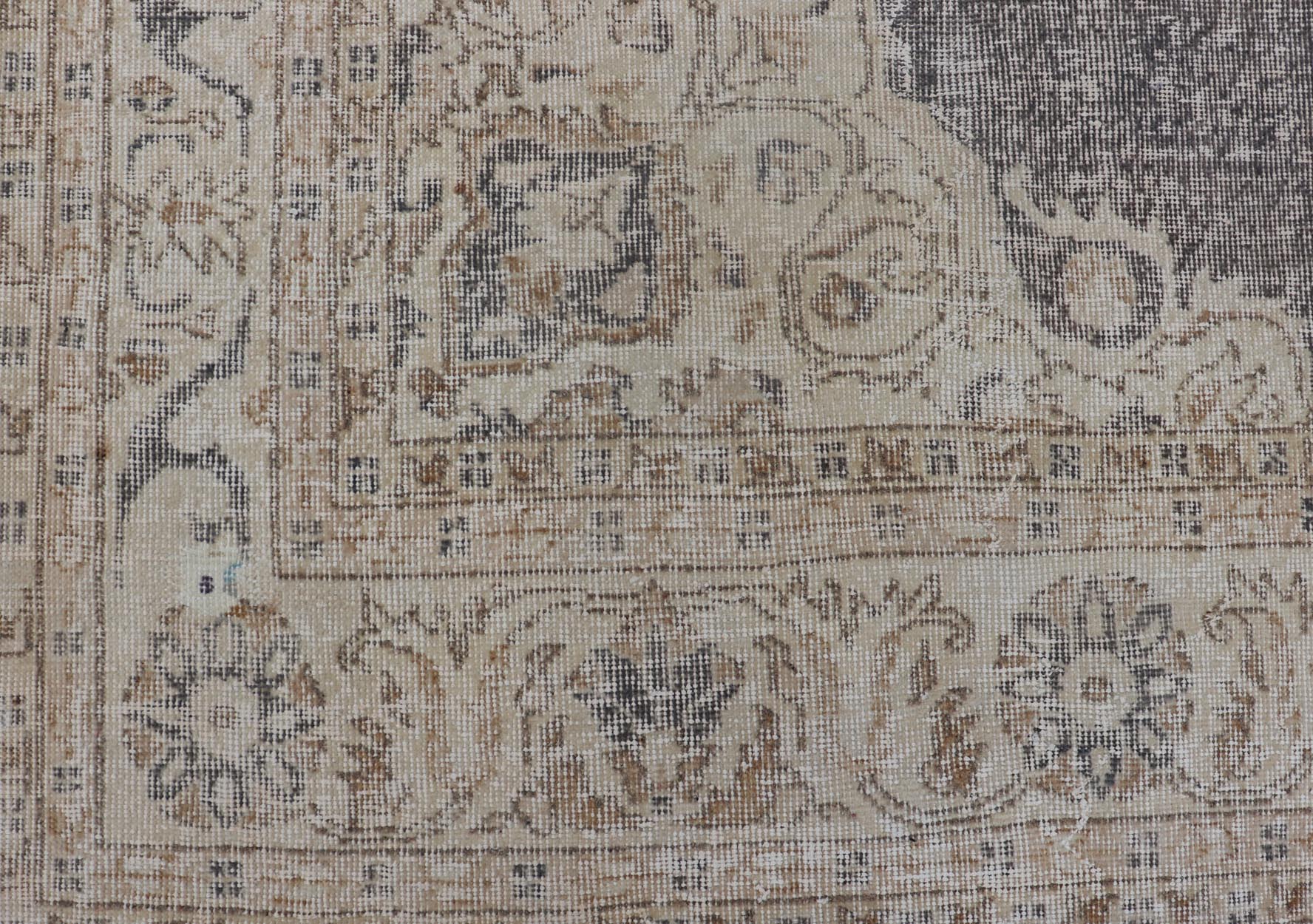 Distressed Turkish Carpet with medallion Design in Dark Gray, Lt. Brown & Cream Distressed Turkish Vintage Carpet in Taupe, Dark Gray, brown, Tan and Cream Keivan Woven Arts rug/TU - MTU - 4972. Turkish distressed rug. Measures: 7'0 x 1... - Keivan Woven ArtsTU - MTU - 4972 - 19190
