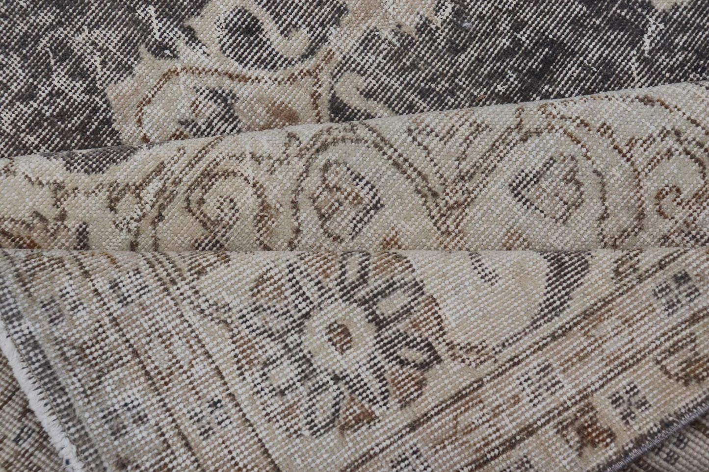 Distressed Turkish Carpet with medallion Design in Dark Gray, Lt. Brown & Cream Distressed Turkish Vintage Carpet in Taupe, Dark Gray, brown, Tan and Cream Keivan Woven Arts rug/TU - MTU - 4972. Turkish distressed rug. Measures: 7'0 x 1... - Keivan Woven ArtsTU - MTU - 4972 - 19190Rug