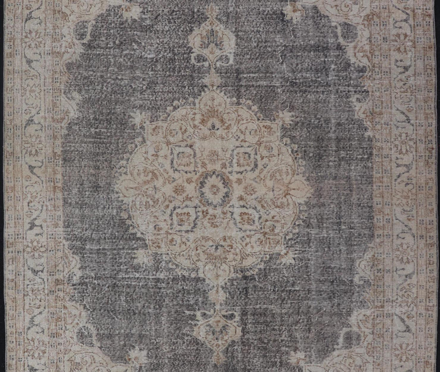 Distressed Turkish Carpet with medallion Design in Dark Gray, Lt. Brown & Cream Distressed Turkish Vintage Carpet in Taupe, Dark Gray, brown, Tan and Cream Keivan Woven Arts rug/TU - MTU - 4972. Turkish distressed rug. Measures: 7'0 x 1... - Keivan Woven ArtsTU - MTU - 4972 - 19190