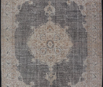 Distressed Turkish Carpet with medallion Design in Dark Gray, Lt. Brown & Cream Distressed Turkish Vintage Carpet in Taupe, Dark Gray, brown, Tan and Cream Keivan Woven Arts rug/TU - MTU - 4972. Turkish distressed rug. Measures: 7'0 x 1... - Keivan Woven ArtsTU - MTU - 4972 - 19190