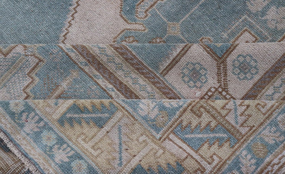 Large Vintage Turkish Oushak Rug with Central Medallion in Blue and Cream Faded vintage Turkish Oushak rug with Central Medallion in cream and blue, rug TU - MTU - 6011, country of origin / type: Turkey / Oushak, circa 1940 This sublime a... - Keivan Woven ArtsTU - MTU - 6011 - 19220Rug