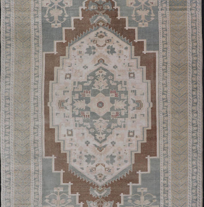 vintage Turkish Oushak with Medallion in Taupe, Lt. Brown, Gray Blue, & Tan Vintage Turkish Oushak Medallion rug in Gray blue, light brown, gray green, taupe, tan and cream Keivan Woven Arts rug/TU - MTU - 6074, country of origin / type: Turkey / O... - Keivan Woven ArtsTU - MTU - 6074 - 19196Rug