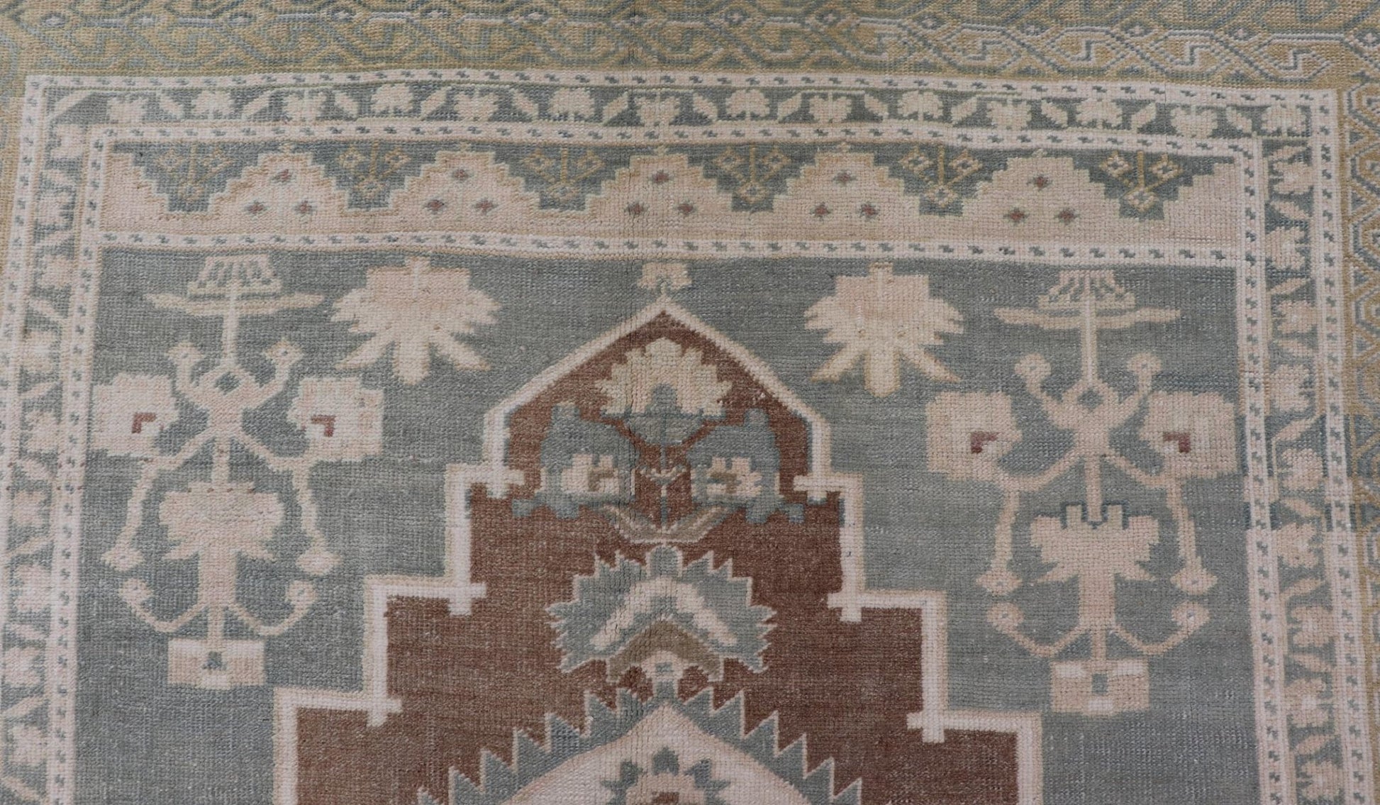 vintage Turkish Oushak with Medallion in Taupe, Lt. Brown, Gray Blue, & Tan Vintage Turkish Oushak Medallion rug in Gray blue, light brown, gray green, taupe, tan and cream Keivan Woven Arts rug/TU - MTU - 6074, country of origin / type: Turkey / O... - Keivan Woven ArtsTU - MTU - 6074 - 19196Rug