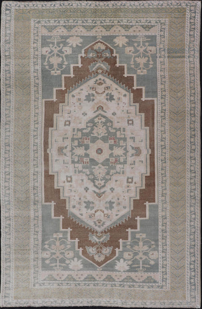 vintage Turkish Oushak with Medallion in Taupe, Lt. Brown, Gray Blue, & Tan Vintage Turkish Oushak Medallion rug in Gray blue, light brown, gray green, taupe, tan and cream Keivan Woven Arts rug/TU - MTU - 6074, country of origin / type: Turkey / O... - Keivan Woven ArtsTU - MTU - 6074 - 19196Rug