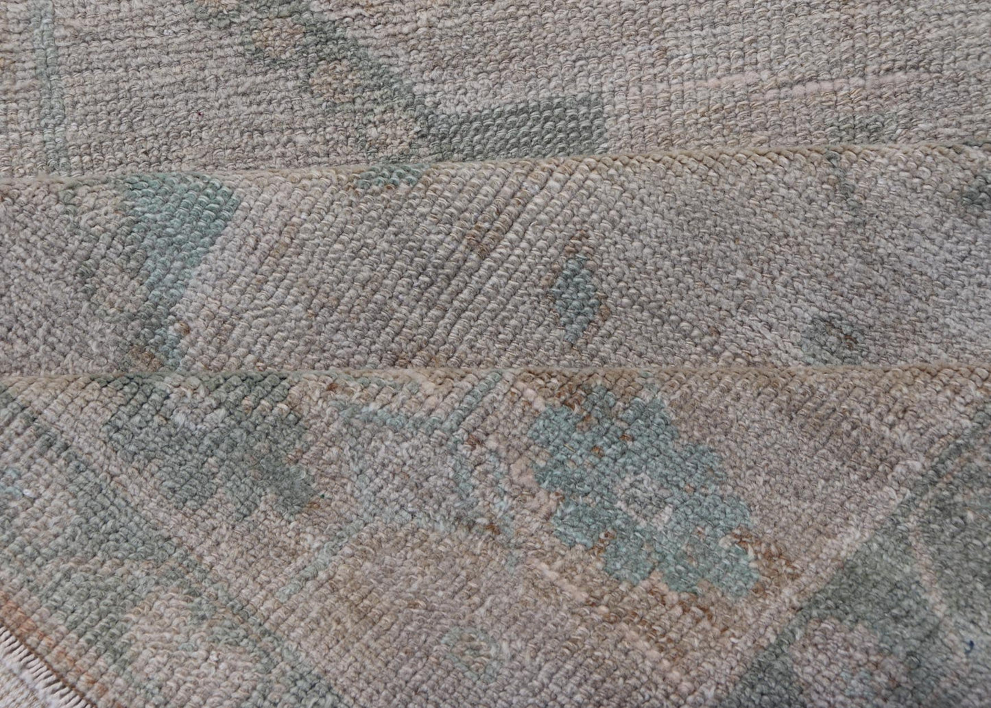Vintage Turkish short Oushak Runner with Subdued Geometric Medallions in Light Tones Vintage small Oushak carpet with multi - medallion design in cream, tan, and light teal green, teal blue. Keivan Woven Arts rug/TU - MTU - 6103, country of origin / ... - Keivan Woven ArtsTU - MTU - 6103 - 19052