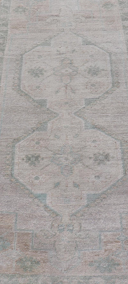 Vintage Turkish short Oushak Runner with Subdued Geometric Medallions in Light Tones Vintage small Oushak carpet with multi - medallion design in cream, tan, and light teal green, teal blue. Keivan Woven Arts rug/TU - MTU - 6103, country of origin / ... - Keivan Woven ArtsTU - MTU - 6103 - 19052Rug