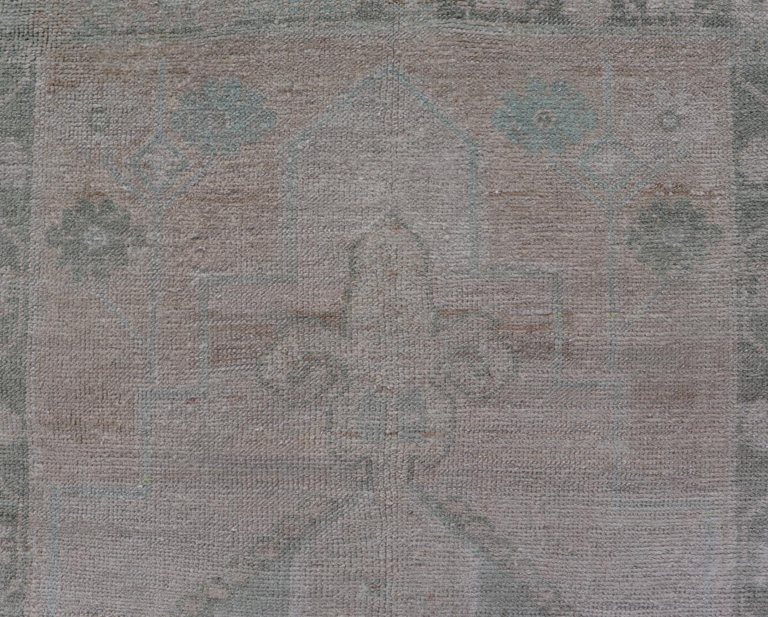 Vintage Turkish short Oushak Runner with Subdued Geometric Medallions in Light Tones Vintage small Oushak carpet with multi - medallion design in cream, tan, and light teal green, teal blue. Keivan Woven Arts rug/TU - MTU - 6103, country of origin / ... - Keivan Woven ArtsTU - MTU - 6103 - 19052Rug