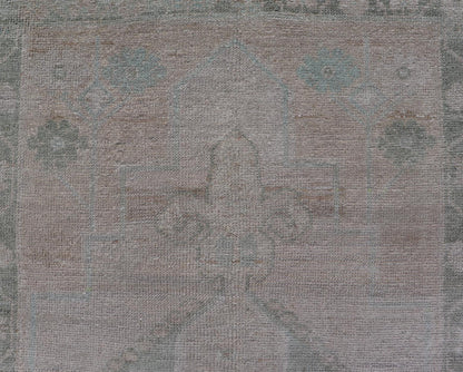 Vintage Turkish short Oushak Runner with Subdued Geometric Medallions in Light Tones Vintage small Oushak carpet with multi - medallion design in cream, tan, and light teal green, teal blue. Keivan Woven Arts rug/TU - MTU - 6103, country of origin / ... - Keivan Woven ArtsTU - MTU - 6103 - 19052Rug