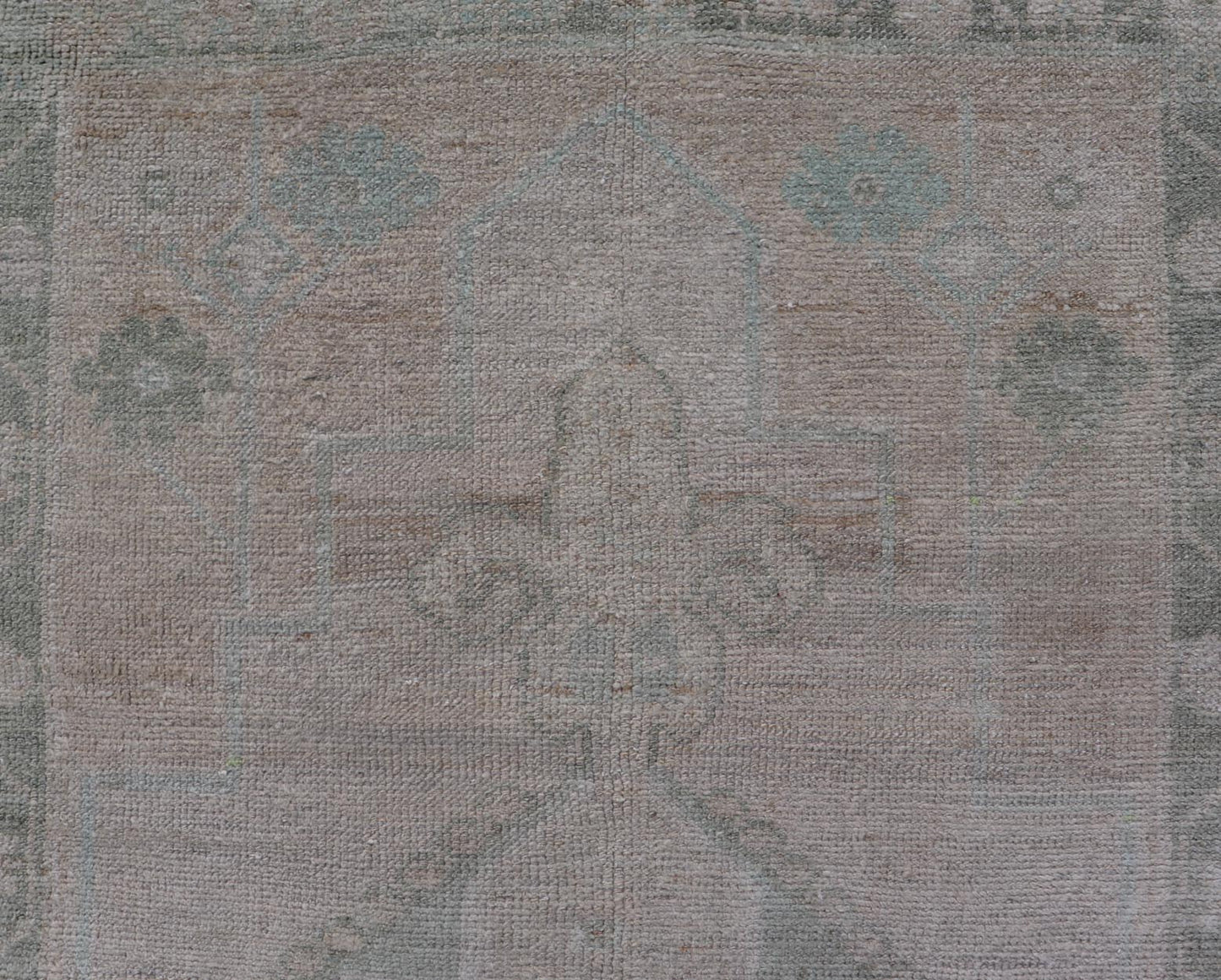 Vintage Turkish short Oushak Runner with Subdued Geometric Medallions in Light Tones Vintage small Oushak carpet with multi - medallion design in cream, tan, and light teal green, teal blue. Keivan Woven Arts rug/TU - MTU - 6103, country of origin / ... - Keivan Woven ArtsTU - MTU - 6103 - 19052