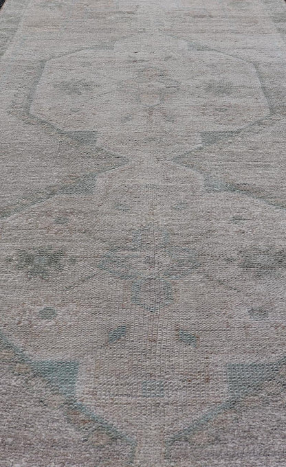 Vintage Turkish short Oushak Runner with Subdued Geometric Medallions in Light Tones Vintage small Oushak carpet with multi - medallion design in cream, tan, and light teal green, teal blue. Keivan Woven Arts rug/TU - MTU - 6103, country of origin / ... - Keivan Woven ArtsTU - MTU - 6103 - 19052
