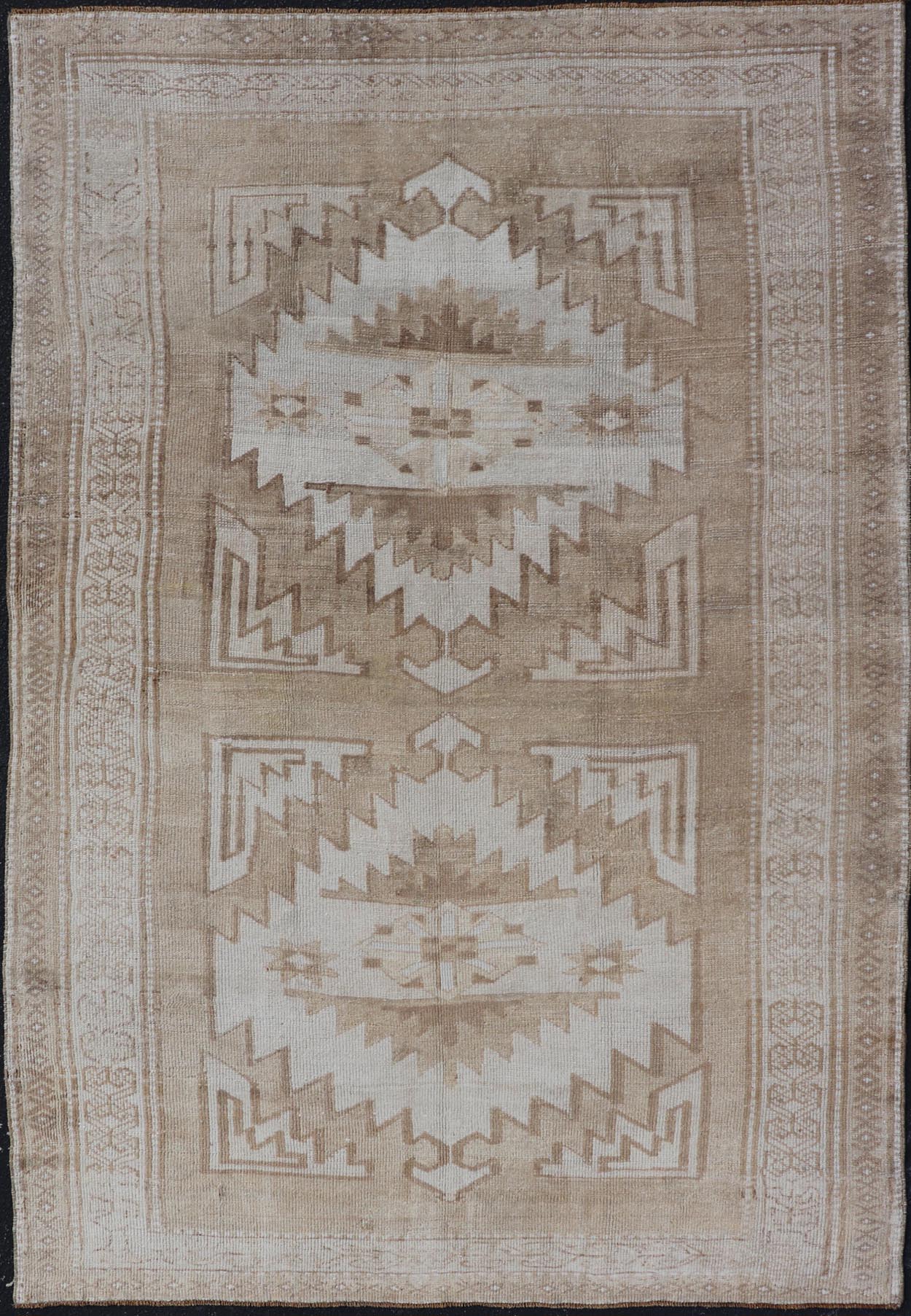 Vintage Hand Knotted Turkish Oushak Kars in Muted Tones & Neutral Colors Turkish Kars/Oushak rug possesses two medallions with overall Sub - geometric design paired with Delicate colors and muted tones. circa/1940 Keivan Woven Arts / rug/ TU - MTU - 6... - Keivan Woven ArtsTU - MTU - 65 - 18734Rug