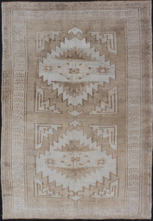 Vintage Hand Knotted Turkish Oushak Kars in Muted Tones & Neutral Colors Turkish Kars/Oushak rug possesses two medallions with overall Sub - geometric design paired with Delicate colors and muted tones. circa/1940 Keivan Woven Arts / rug/ TU - MTU - 6... - Keivan Woven ArtsTU - MTU - 65 - 18734Rug