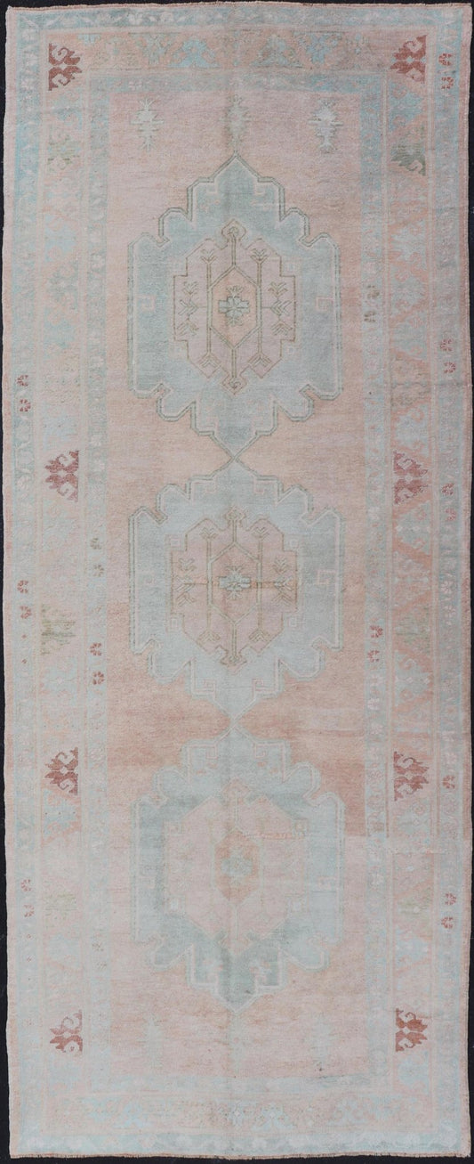 Light Color Turkish Oushak Vintage Gallery Runner with Medallions Vintage Oushak gallery rug from Turkey in with flower motifs, rug TU - MTU - 7, country of origin / type: Turkey / Oushak, circa 1950 Measures: 4'7 x 11'10 - Keivan Woven ArtsTU - MTU - 7 - 18613Rug