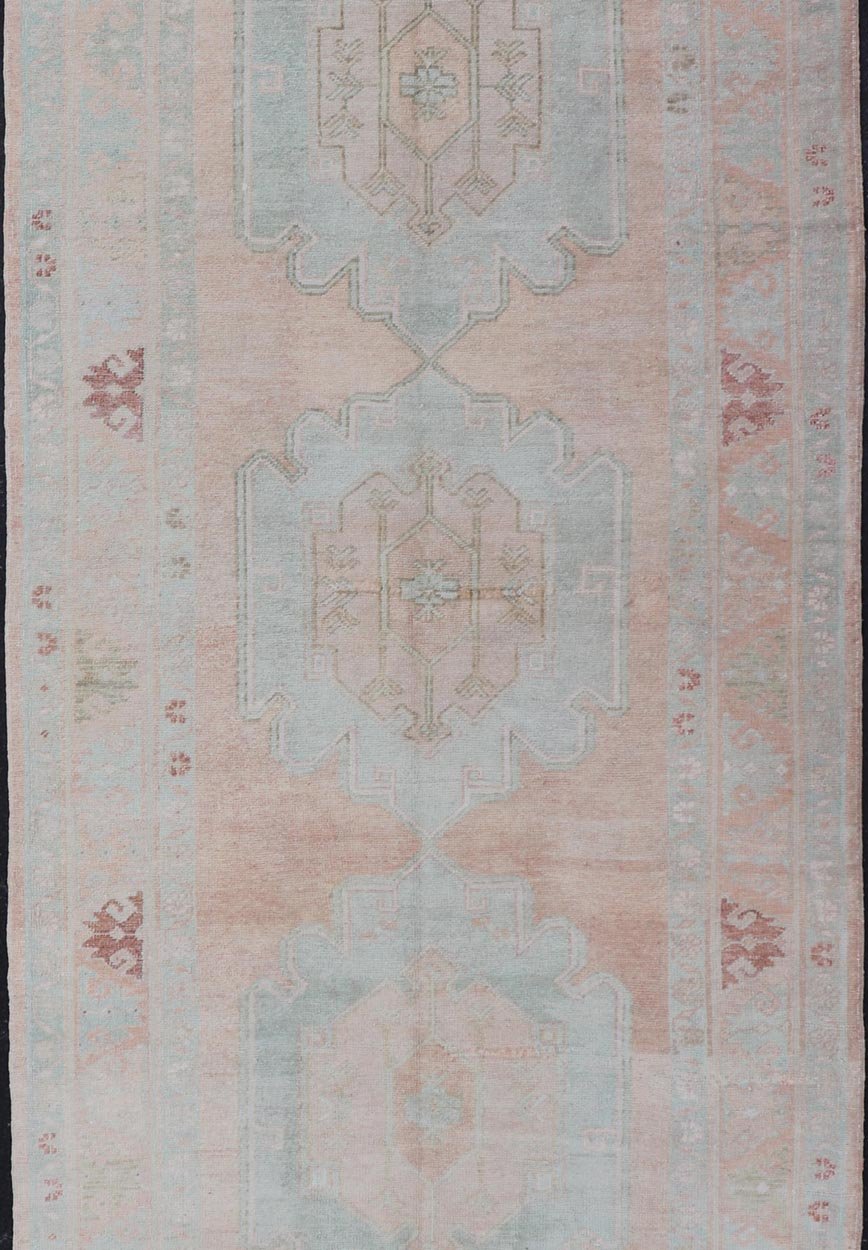 Light Color Turkish Oushak Vintage Gallery Runner with Medallions Vintage Oushak gallery rug from Turkey in with flower motifs, rug TU - MTU - 7, country of origin / type: Turkey / Oushak, circa 1950 Measures: 4'7 x 11'10 - Keivan Woven ArtsTU - MTU - 7 - 18613Rug