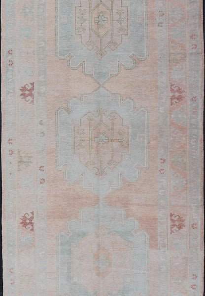 Light Color Turkish Oushak Vintage Gallery Runner with Medallions Vintage Oushak gallery rug from Turkey in with flower motifs, rug TU - MTU - 7, country of origin / type: Turkey / Oushak, circa 1950 Measures: 4'7 x 11'10 - Keivan Woven ArtsTU - MTU - 7 - 18613Rug