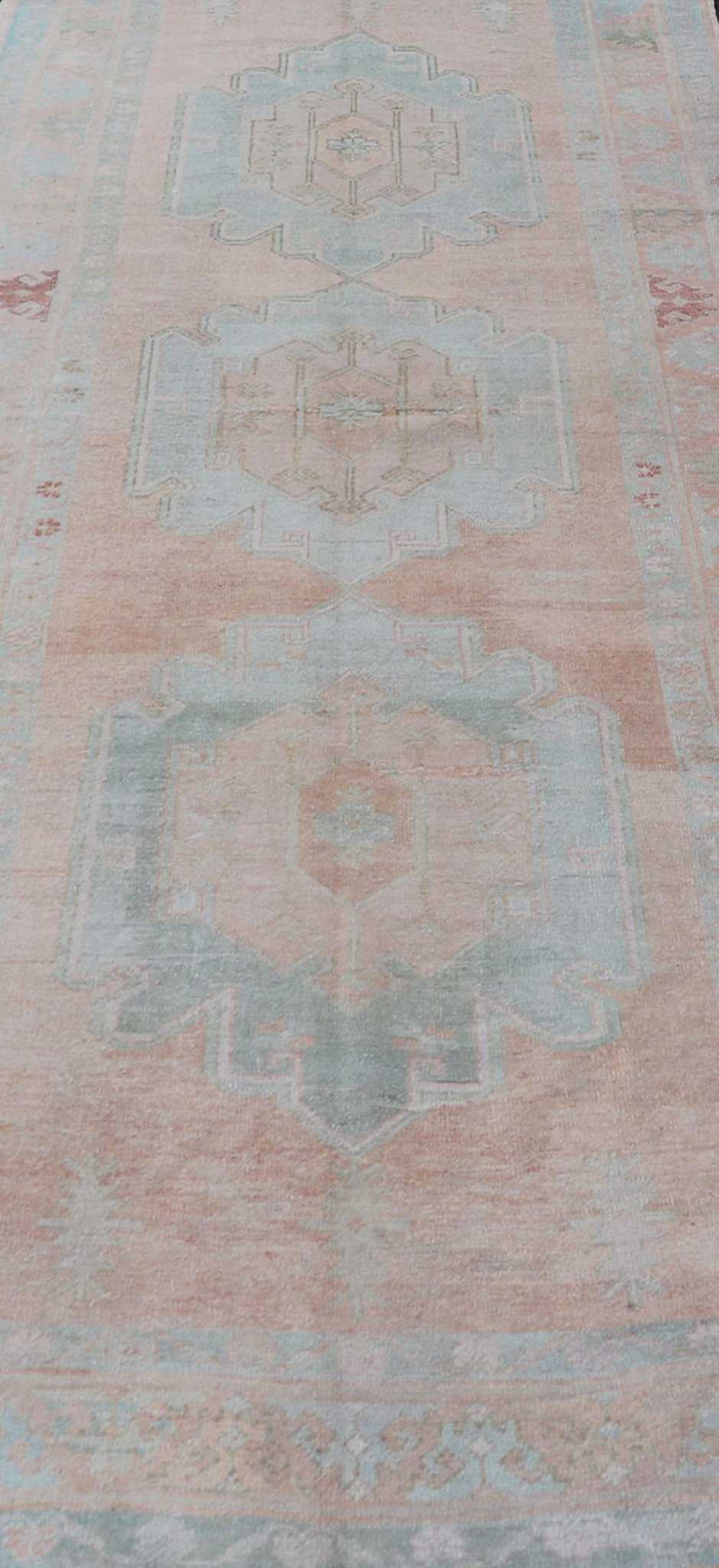 Light Color Turkish Oushak Vintage Gallery Runner with Medallions Vintage Oushak gallery rug from Turkey in with flower motifs, rug TU - MTU - 7, country of origin / type: Turkey / Oushak, circa 1950 Measures: 4'7 x 11'10 - Keivan Woven ArtsTU - MTU - 7 - 18613Rug
