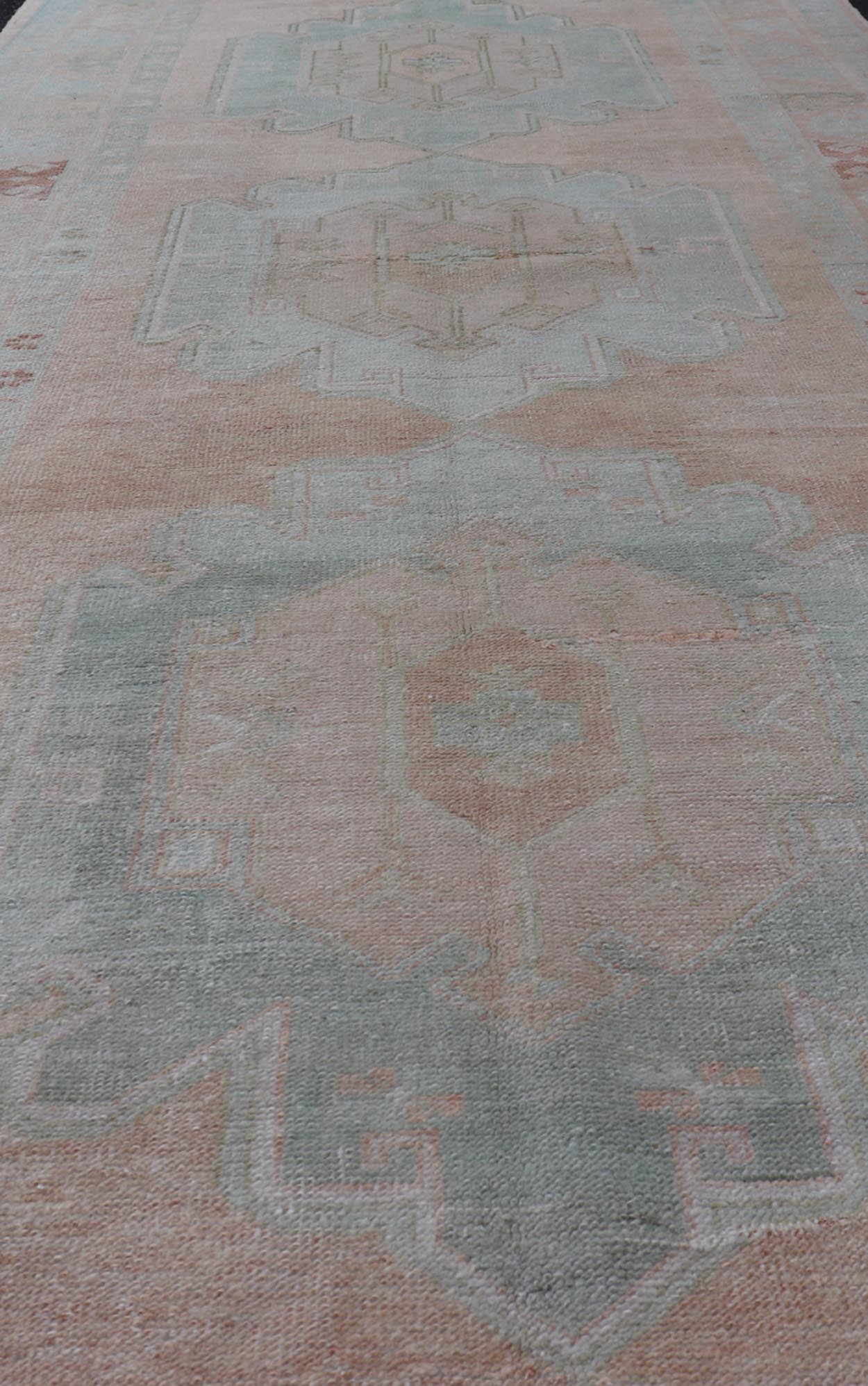 Light Color Turkish Oushak Vintage Gallery Runner with Medallions Vintage Oushak gallery rug from Turkey in with flower motifs, rug TU - MTU - 7, country of origin / type: Turkey / Oushak, circa 1950 Measures: 4'7 x 11'10 - Keivan Woven ArtsTU - MTU - 7 - 18613Rug