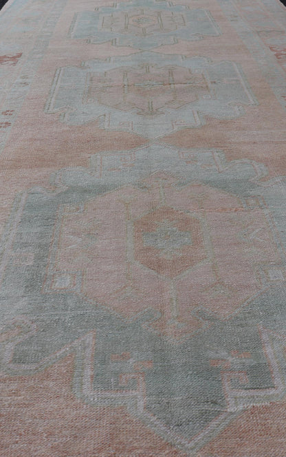 Light Color Turkish Oushak Vintage Gallery Runner with Medallions Vintage Oushak gallery rug from Turkey in with flower motifs, rug TU - MTU - 7, country of origin / type: Turkey / Oushak, circa 1950 Measures: 4'7 x 11'10 - Keivan Woven ArtsTU - MTU - 7 - 18613Rug