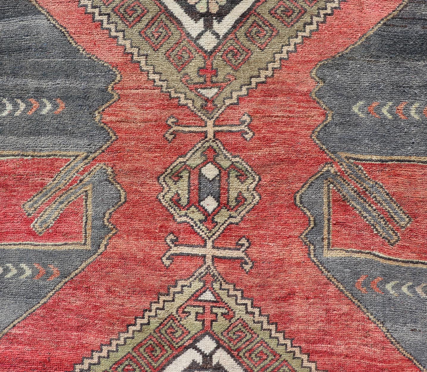 Red Field Vintage Turkish Oushak Gallery Runner with A Geometric Design Red field vintage Turkish Oushak rug with vertical geometric medallions, Keivan Woven Arts / rug TU - MTU - 8 , country of origin / type: Turkey / Oushak, circa 1940 ... - Keivan Woven ArtsTU - MTU - 8 - 18637Rug