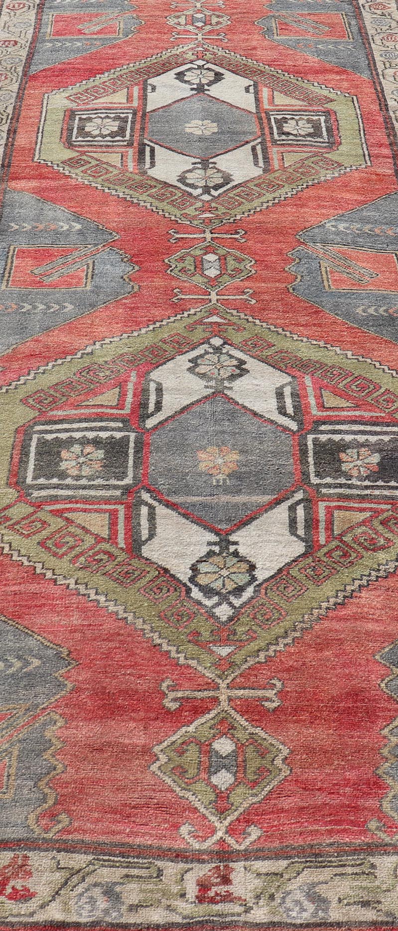 Red Field Vintage Turkish Oushak Gallery Runner with A Geometric Design Red field vintage Turkish Oushak rug with vertical geometric medallions, Keivan Woven Arts / rug TU - MTU - 8 , country of origin / type: Turkey / Oushak, circa 1940 ... - Keivan Woven ArtsTU - MTU - 8 - 18637Rug