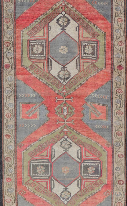 Red Field Vintage Turkish Oushak Gallery Runner with A Geometric Design Red field vintage Turkish Oushak rug with vertical geometric medallions, Keivan Woven Arts / rug TU - MTU - 8 , country of origin / type: Turkey / Oushak, circa 1940 ... - Keivan Woven ArtsTU - MTU - 8 - 18637Rug
