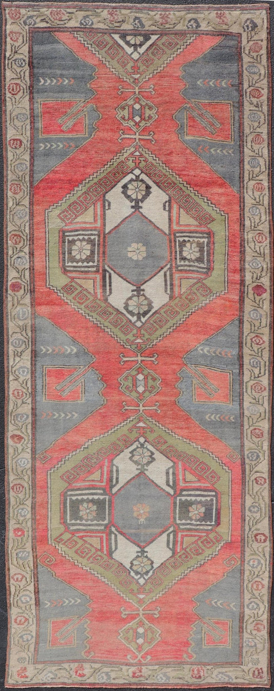 Red Field Vintage Turkish Oushak Gallery Runner with A Geometric Design Red field vintage Turkish Oushak rug with vertical geometric medallions, Keivan Woven Arts / rug TU - MTU - 8 , country of origin / type: Turkey / Oushak, circa 1940 ... - Keivan Woven ArtsTU - MTU - 8 - 18637Rug