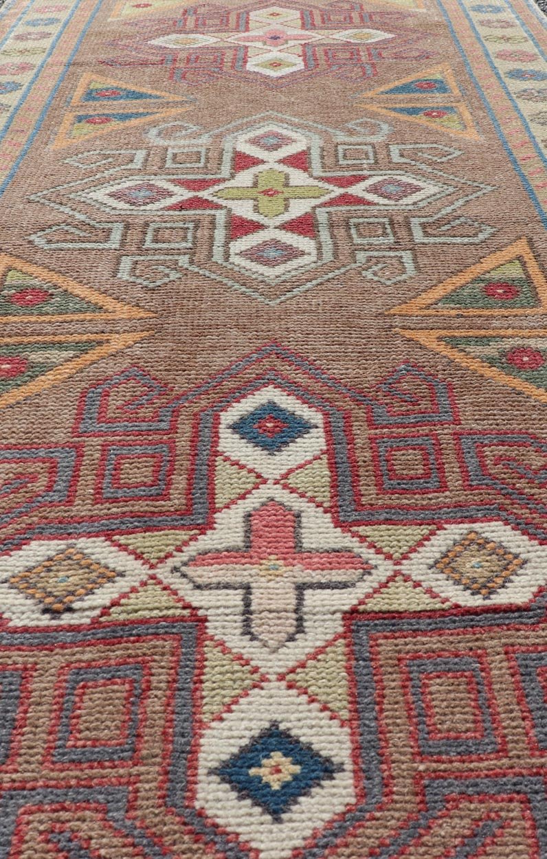 Measures: 2'7 x 5'9 Vintage Turkish Oushak Geometric Cross Medallion's With Floral Border. Keivan Woven Arts / rug TU - MTU - 910, country of origin / type: Turkey / Oushak, circa 1940. This vintage small rug, from 1940s features an assortment o... - Keivan Woven ArtsTU - MTU - 910 - 21961Rug