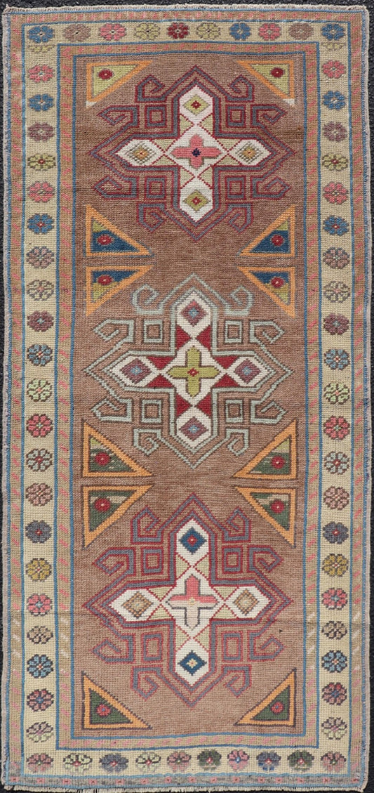 Measures: 2'7 x 5'9 Vintage Turkish Oushak Geometric Cross Medallion's With Floral Border. Keivan Woven Arts / rug TU - MTU - 910, country of origin / type: Turkey / Oushak, circa 1940. This vintage small rug, from 1940s features an assortment o... - Keivan Woven ArtsTU - MTU - 910 - 21961