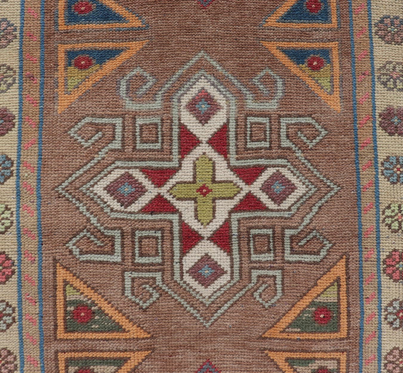 Measures: 2'7 x 5'9 Vintage Turkish Oushak Geometric Cross Medallion's With Floral Border. Keivan Woven Arts / rug TU - MTU - 910, country of origin / type: Turkey / Oushak, circa 1940. This vintage small rug, from 1940s features an assortment o... - Keivan Woven ArtsTU - MTU - 910 - 21961Rug