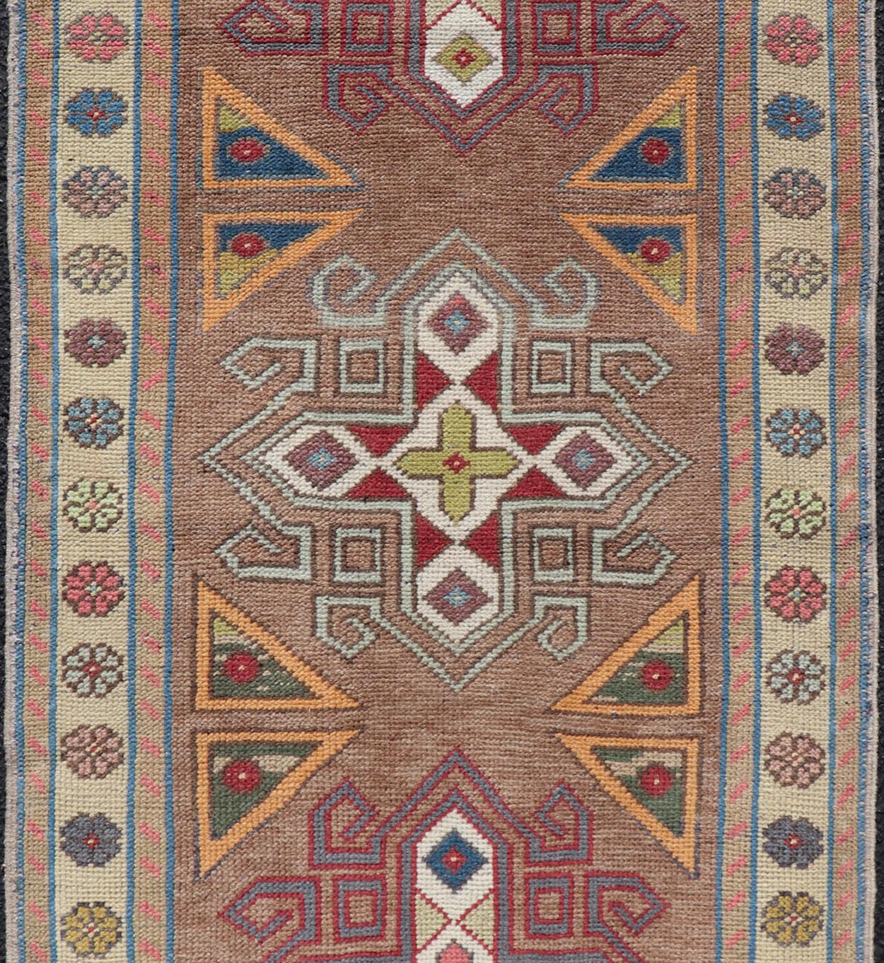 Measures: 2'7 x 5'9 Vintage Turkish Oushak Geometric Cross Medallion's With Floral Border. Keivan Woven Arts / rug TU - MTU - 910, country of origin / type: Turkey / Oushak, circa 1940. This vintage small rug, from 1940s features an assortment o... - Keivan Woven ArtsTU - MTU - 910 - 21961Rug