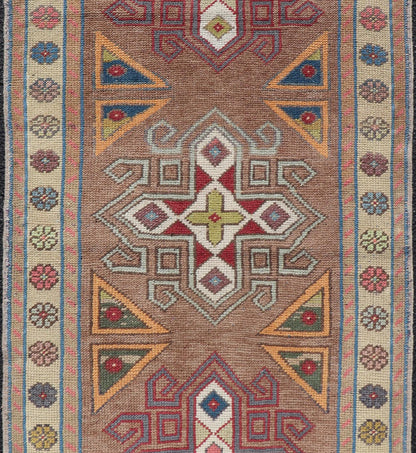 Measures: 2'7 x 5'9 Vintage Turkish Oushak Geometric Cross Medallion's With Floral Border. Keivan Woven Arts / rug TU - MTU - 910, country of origin / type: Turkey / Oushak, circa 1940. This vintage small rug, from 1940s features an assortment o... - Keivan Woven ArtsTU - MTU - 910 - 21961Rug