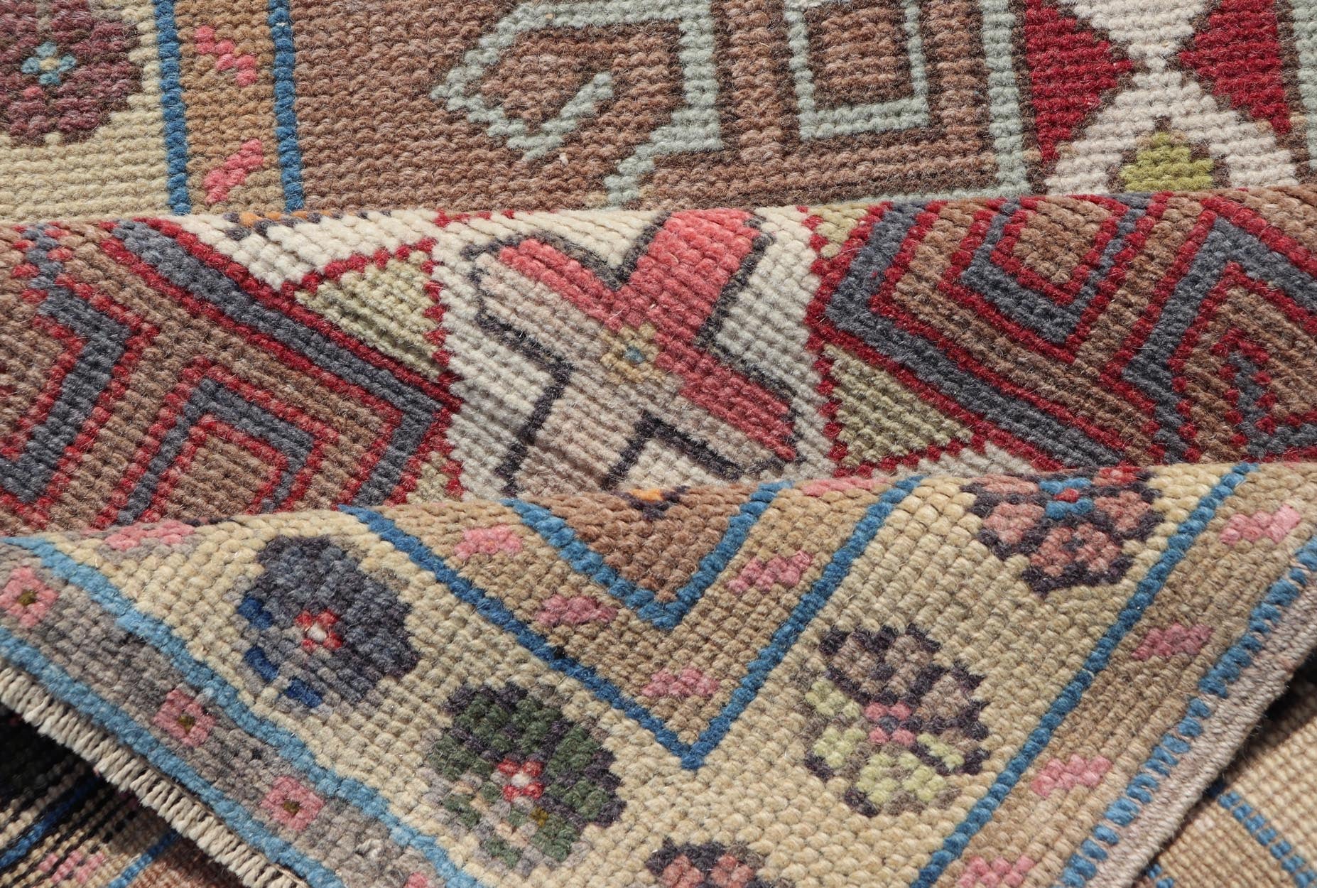 Measures: 2'7 x 5'9 Vintage Turkish Oushak Geometric Cross Medallion's With Floral Border. Keivan Woven Arts / rug TU - MTU - 910, country of origin / type: Turkey / Oushak, circa 1940. This vintage small rug, from 1940s features an assortment o... - Keivan Woven ArtsTU - MTU - 910 - 21961Rug