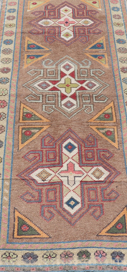 Measures: 2'7 x 5'9 Vintage Turkish Oushak Geometric Cross Medallion's With Floral Border. Keivan Woven Arts / rug TU - MTU - 910, country of origin / type: Turkey / Oushak, circa 1940. This vintage small rug, from 1940s features an assortment o... - Keivan Woven ArtsTU - MTU - 910 - 21961Rug