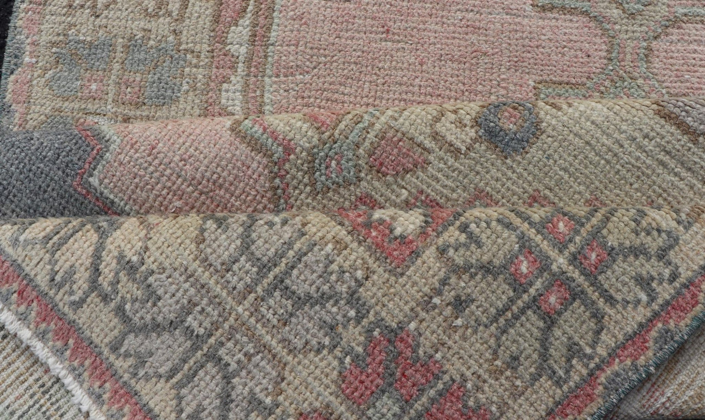 Measures: 2'11 x 8'9 Turkish Vintage Oushak Runner with Medallion's in Pink, Gray, and Light Yellow. Country of Origin: Turkey; Type: Oushak; Design: Medallion, Sub - Geometric, Tribal Medallion; Keivan Woven Arts: rug TU - MTU - 913; mid - 20th century ... - Keivan Woven ArtsTU - MTU - 913 - 21967Rug