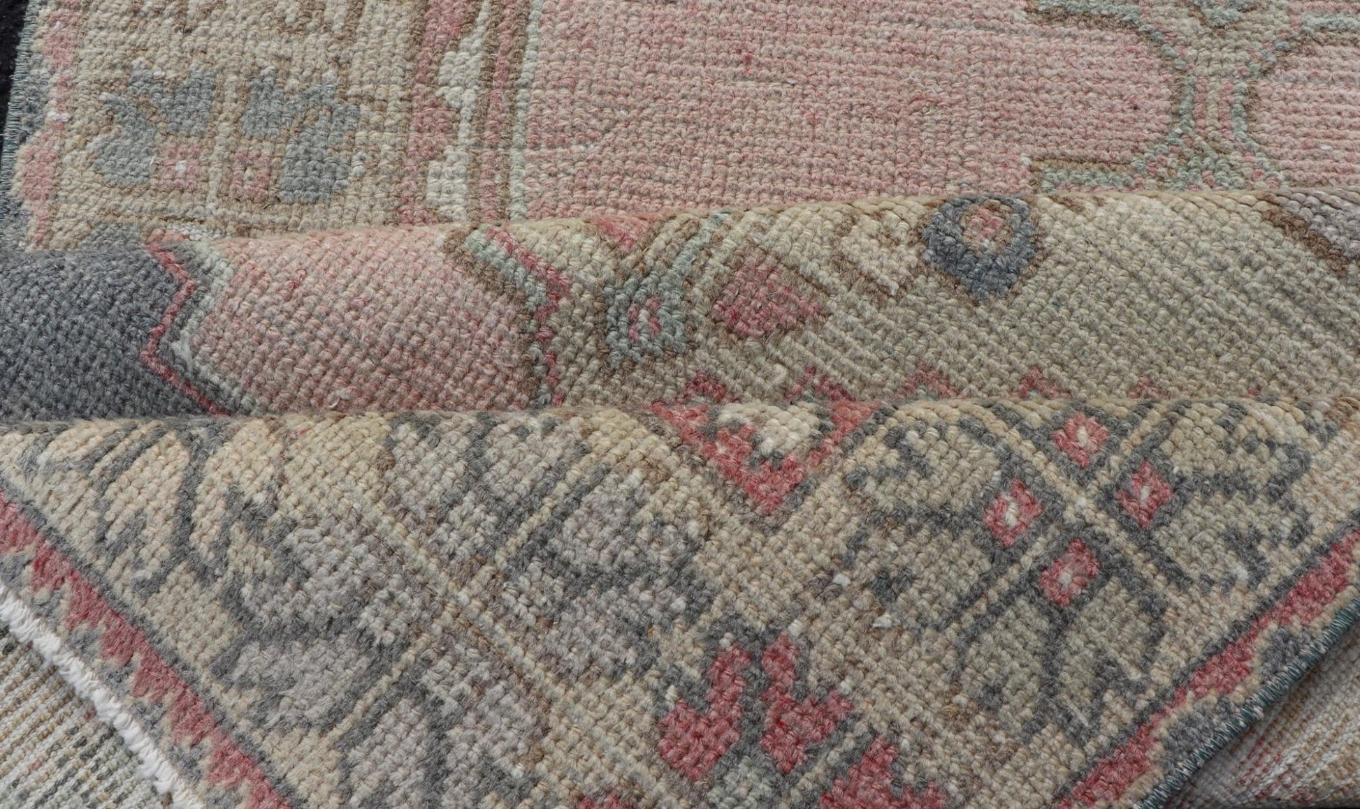 Measures: 2'11 x 8'9 Turkish Vintage Oushak Runner with Medallion's in Pink, Gray, and Light Yellow. Country of Origin: Turkey; Type: Oushak; Design: Medallion, Sub - Geometric, Tribal Medallion; Keivan Woven Arts: rug TU - MTU - 913; mid - 20th century ... - Keivan Woven ArtsTU - MTU - 913 - 21967Rug
