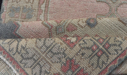 Measures: 2'11 x 8'9 Turkish Vintage Oushak Runner with Medallion's in Pink, Gray, and Light Yellow. Country of Origin: Turkey; Type: Oushak; Design: Medallion, Sub - Geometric, Tribal Medallion; Keivan Woven Arts: rug TU - MTU - 913; mid - 20th century ... - Keivan Woven ArtsTU - MTU - 913 - 21967Rug