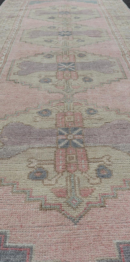 Measures: 2'11 x 8'9 Turkish Vintage Oushak Runner with Medallion's in Pink, Gray, and Light Yellow. Country of Origin: Turkey; Type: Oushak; Design: Medallion, Sub - Geometric, Tribal Medallion; Keivan Woven Arts: rug TU - MTU - 913; mid - 20th century ... - Keivan Woven ArtsTU - MTU - 913 - 21967Rug