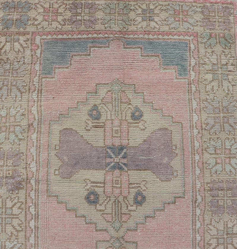 Measures: 2'11 x 8'9 Turkish Vintage Oushak Runner with Medallion's in Pink, Gray, and Light Yellow. Country of Origin: Turkey; Type: Oushak; Design: Medallion, Sub - Geometric, Tribal Medallion; Keivan Woven Arts: rug TU - MTU - 913; mid - 20th century ... - Keivan Woven ArtsTU - MTU - 913 - 21967Rug