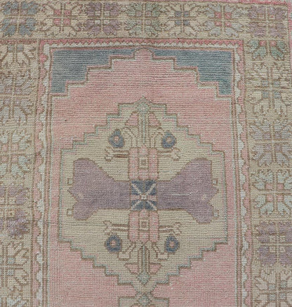 Measures: 2'11 x 8'9 Turkish Vintage Oushak Runner with Medallion's in Pink, Gray, and Light Yellow. Country of Origin: Turkey; Type: Oushak; Design: Medallion, Sub - Geometric, Tribal Medallion; Keivan Woven Arts: rug TU - MTU - 913; mid - 20th century ... - Keivan Woven ArtsTU - MTU - 913 - 21967Rug