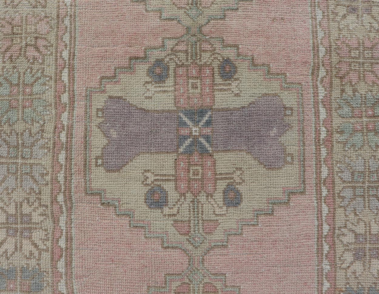 Measures: 2'11 x 8'9 Turkish Vintage Oushak Runner with Medallion's in Pink, Gray, and Light Yellow. Country of Origin: Turkey; Type: Oushak; Design: Medallion, Sub - Geometric, Tribal Medallion; Keivan Woven Arts: rug TU - MTU - 913; mid - 20th century ... - Keivan Woven ArtsTU - MTU - 913 - 21967Rug