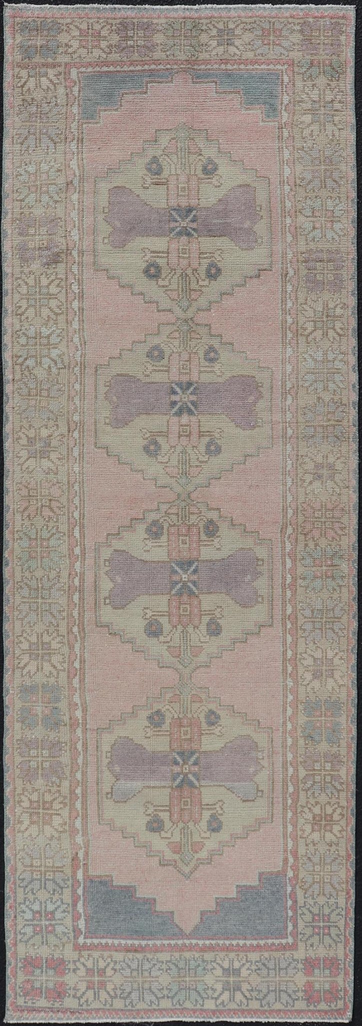 Measures: 2'11 x 8'9 Turkish Vintage Oushak Runner with Medallion's in Pink, Gray, and Light Yellow. Country of Origin: Turkey; Type: Oushak; Design: Medallion, Sub - Geometric, Tribal Medallion; Keivan Woven Arts: rug TU - MTU - 913; mid - 20th century ... - Keivan Woven ArtsTU - MTU - 913 - 21967Rug