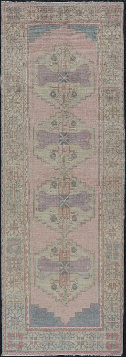 Measures: 2'11 x 8'9 Turkish Vintage Oushak Runner with Medallion's in Pink, Gray, and Light Yellow. Country of Origin: Turkey; Type: Oushak; Design: Medallion, Sub - Geometric, Tribal Medallion; Keivan Woven Arts: rug TU - MTU - 913; mid - 20th century ... - Keivan Woven ArtsTU - MTU - 913 - 21967Rug