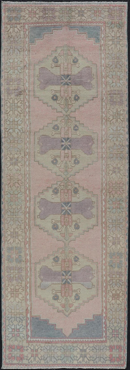 Measures: 2'11 x 8'9 Turkish Vintage Oushak Runner with Medallion's in Pink, Gray, and Light Yellow. Country of Origin: Turkey; Type: Oushak; Design: Medallion, Sub - Geometric, Tribal Medallion; Keivan Woven Arts: rug TU - MTU - 913; mid - 20th century ... - Keivan Woven ArtsTU - MTU - 913 - 21967Rug