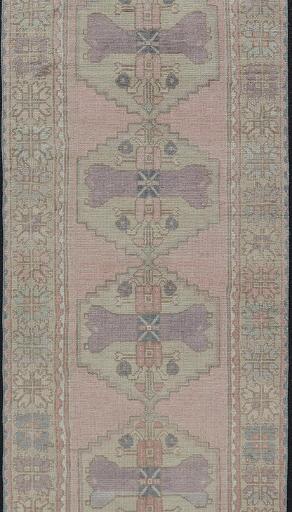 Measures: 2'11 x 8'9 Turkish Vintage Oushak Runner with Medallion's in Pink, Gray, and Light Yellow. Country of Origin: Turkey; Type: Oushak; Design: Medallion, Sub - Geometric, Tribal Medallion; Keivan Woven Arts: rug TU - MTU - 913; mid - 20th century ... - Keivan Woven ArtsTU - MTU - 913 - 21967Rug