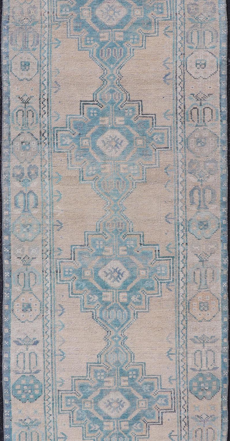 Turkish Vintage Oushak Runner with Geometric Medallion Design in Blues and Beige Measures: 2'9 x 9'9 Turkish Vintage Oushak Runner with Geometric Medallion Design in Blues and Beige. Keivan Woven Arts / rug TU - MTU - 926, country of origin / type:... - Keivan Woven ArtsTU - MTU - 926 - 21979Rug